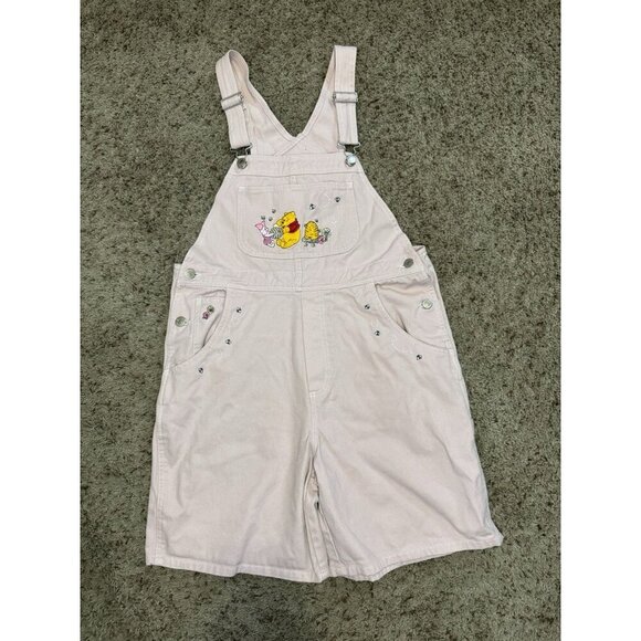 WINNIE THE POOH Denim Shortalls Bib Blush Pink Embroidered Bee Y2k 90s Disney M - Picture 1 of 11